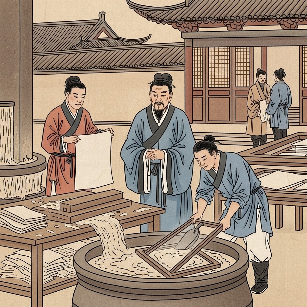 고대 중국에서 제지 과정을 감독하고 있는 발명가 채륜의 모습